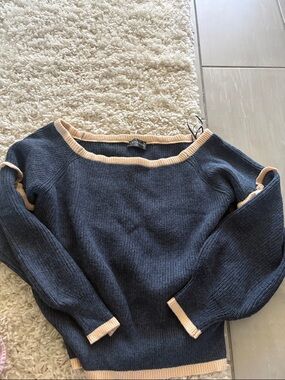 Off-the-Shoulder Navy Sweater with Cream Trim - Unlabeled Brand